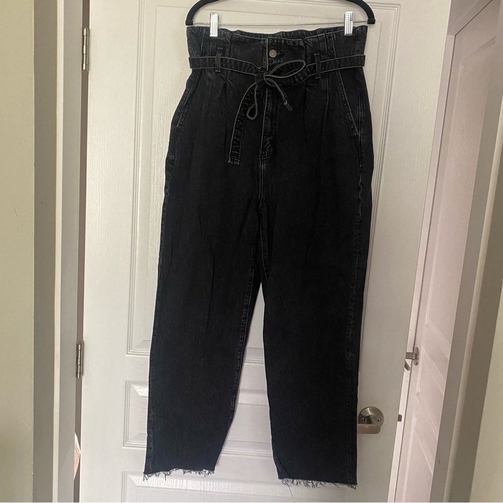 Abercrombie & Fitch High Rise Paperbag Waist Jeans 32 14 Dark Grey Washed Black